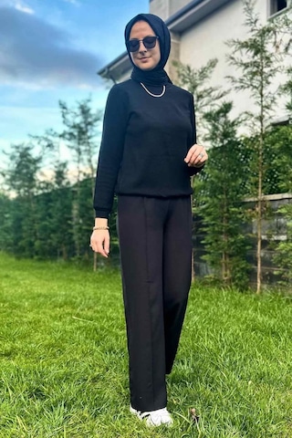 Rabia Şamlı Siyah Nervürlü Bol Paça Pantolon Normal