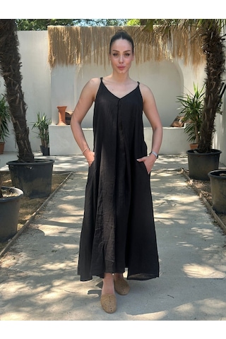 Yazlık Keten Askılı Oversize Elbise Siyah