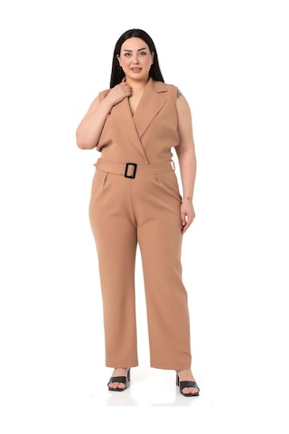 Büyük Beden Kruvaze Beli Lastikli Fermuar Kapamalı Kemerli Vizon Tulum-vizon Vizon