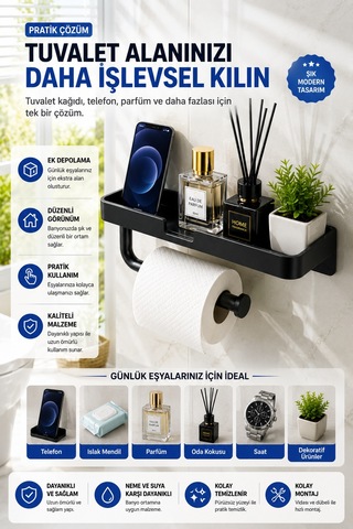 Siyah Yapışkanlı Raflı Tuvalet Kağıdı Askılığı Delmeden Montaj Banyo Organizer Telefon Rafı Askısı