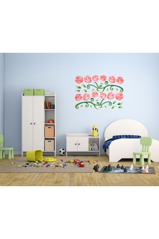 Duvar Süsü Sticker 2 Adet Pembe Güllü Şeffaf Filmli Pvc 70x50x0