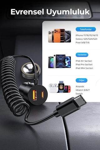 Ven-dens Vd-cc025 60 W Hızlı Araç Şarj Cihazı, Type-c Ve Usb Çift Port, Dahili Kablolu, Siyah