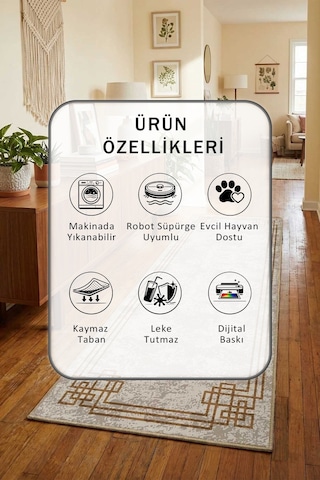 Bej Kahve Salon Mutfak Yatak Odası Dijital Yıkanabilir Yolluk