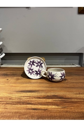 Mor Çiçek Seramik Kupa, Mug, Double Türk Kahvesi Filtre Kahve