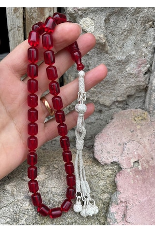Gümüş Kazaziye Şahinbey Dört Püsküllü Kırmızı Ateş Kehribar Tesbih Kırmızı