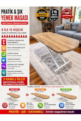 Oval Yan Baştan Açılır Akıllı Masa Üst Tabla Mdf Yüksekliği Ayarlanabilir Pratik Atlantik - Çam