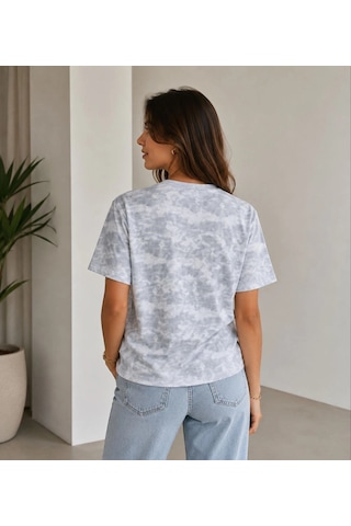 Primemagazam Kadın Batik Desenli Tişört Bisiklet Yaka Kısa Kol Regular Fit T-shirt - Gri Çeşitli