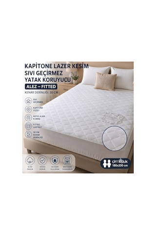 Lazer Kesim Kapitone Sıvı Geçirmez Yatak Alezi Yatak Koruyucu Battal Bot 180x200 Beyaz