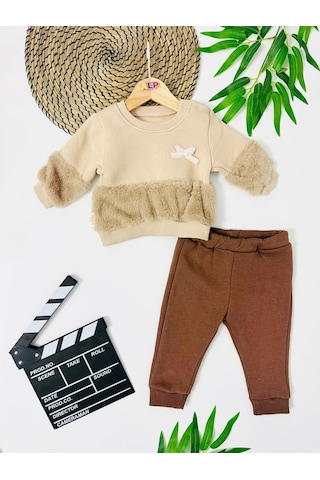 Kelebek Fiyonk Detaylı Belde Ve Kolda Peluş Detaylı Kışlık 2 Parça Takım Kahverengi
