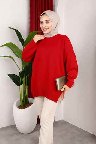 Hira Life Fashion Kadın Testtür Giyim Bisiklet Yaka Yırtmaçı Taşlı Ve Balon Kollu Oversize Şık Triko Tunik Kırmızı Kırmızı