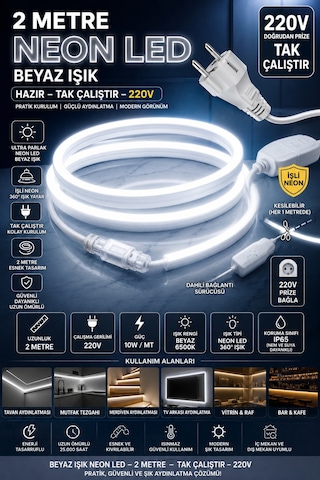 2 Metre Beyaz 220v Neon Led Şerit ,tak Çalıştır Set, Fişli Esnek Şerit Led, ,turuncu Led,mutfak,tezgah Ledi, Neon Led Şerit Işık ,ambiyans Işık Havuzu, Balkon, Teras Ve Ev İçin Dekoratif Led Beyaz