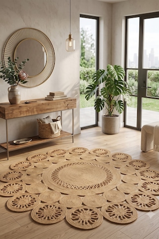 Jüt Hasır Yuvarlak Kilim Halı Yolluk Dekoratif Örgü Halı Doğal Görünümlü Bohem Kilim Salon Oturma Odası Balkon Mutfak Yatak Odası Koridor 7234bambu