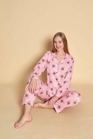 Kadın Gömlek Desenli Uzun Kol Pijama Takımı Pembe