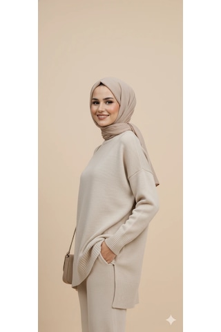 Triko Tunik Pantolon Tesettür Takım Taş