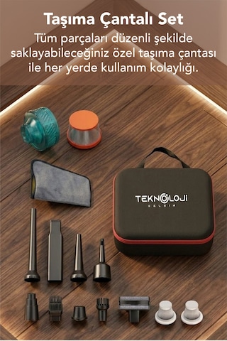 Araç İçi Süpürge Kablosuz Işıklı Göstergeli 22.000 Pa 9başlık Yedek Filtre Çantalı Çekim&üfleme 2in1