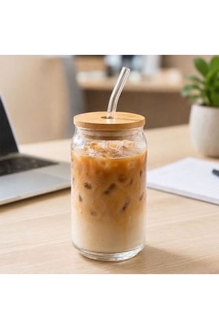 Bk Gift Bambu Kapaklı Pipetli 540 Ml Cam Bardak, Iced Coffee Ve Soğuk İçecek Bardağı