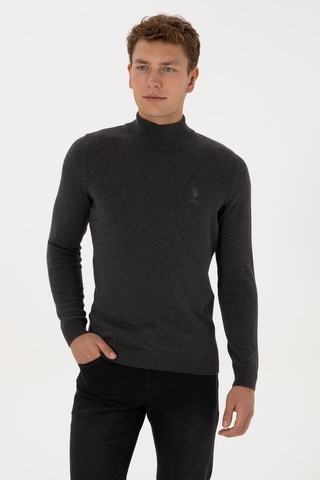 U.S. Polo Assn. Erkek Slim Fit Yarım Boğazlı Antrasit Melanj Basic Kazak 50307783-VR081