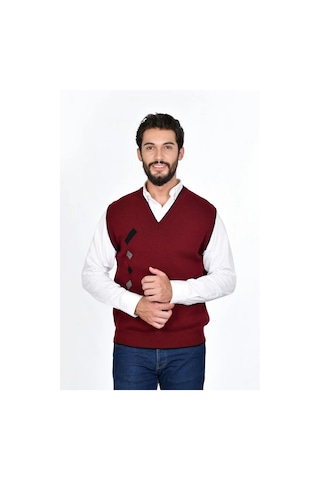 Kamalı Bordo Erkek Çelik Örgü Kışlık Kalın Triko V Yaka Triko Örgü Tüylenmez Süveter Bordo