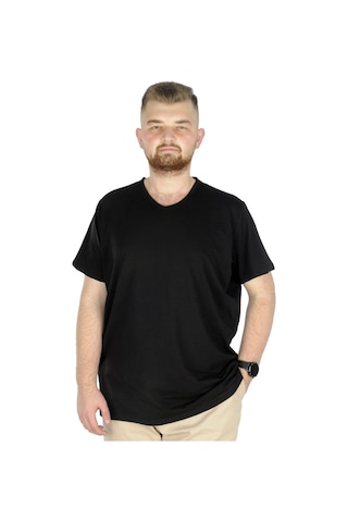 Mode Xl Büyük Beden T-Shirt V Yaka Likralı 20150 Siyah 001
