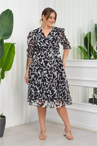 Dip Moda Kadın Büyük Beden Desenli Şifon Elbise Dpnb8063 - Siyah Siyah