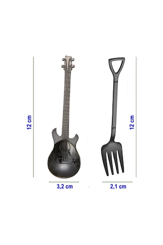Gitar Tasarımlı Paslanmaz Çelik Kaşık Ve Paslanmaz Çelik Çatal + Saklama Kutusu Siyah Renk