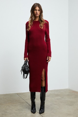 Grımelange Soreya Kadın Yuvarlak Yaka Çizgi Desenli Yırtmaçlı Slim Fit Triko Bordo Elbise Bordo