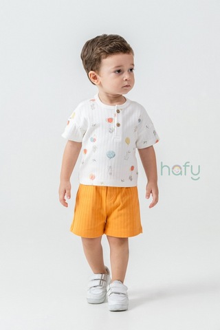 Hafy Baby Henley Yaka, Balon Desenli, Erkek Bebek / Çocuk Şortlu Takım Ekru - Hardal