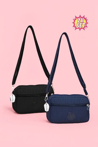 Westbag Kadın Çapraz Askılı Üç Gözlü Fermuarlı Krinkıl Günlük Omuz Çantası 2'li Set Siyah - Lacivert