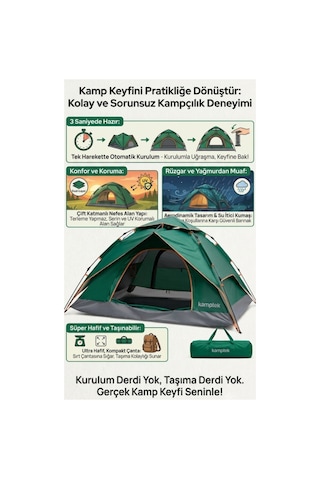 Camp One Dört Mevsim 4 Kişilik Çift Katmanlı Otomatik Kamp Doğa Deprem Çadırı Çok Renkli