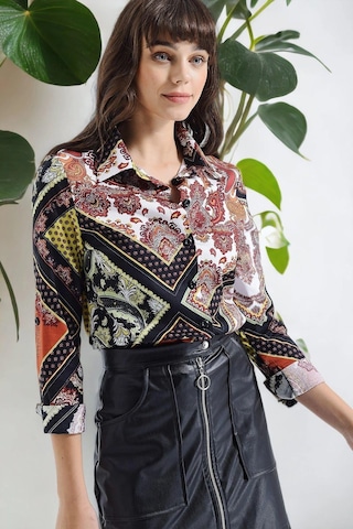 Kadın Siyah Modern Tarz Desenli Uzun Kollu Gömlek Siyah - Ekru