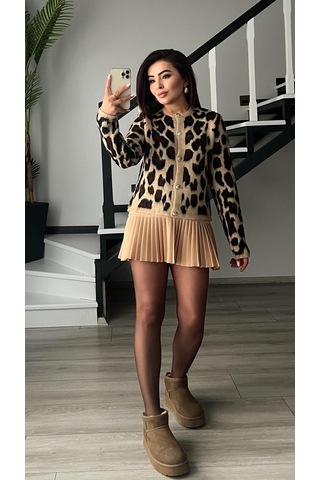 Bej Duble Piliseli Mini Etek Bej