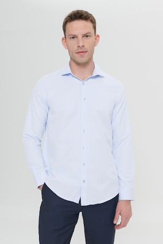 AC&Co / Altınyıldız Classics Erkek Mavi Kolay Ütülenebilir Slim Fit Dar Kesim İtalyan Yaka Armürlü Gömlek Mavi