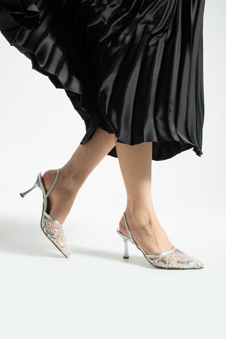 Lebibe Shoes Perıe Gümüş Kadın 7 Cm Topuklu Pullu Payetli Bantlı Abiye Gelin Düğün Ayakkabısı Terliği