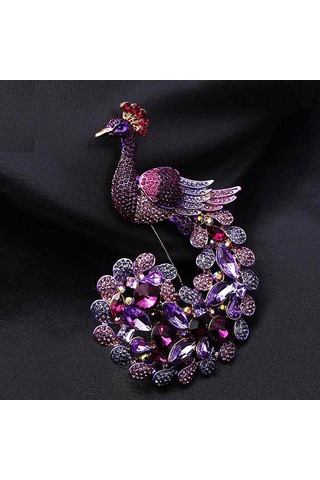 Güzel Hayvan Broşları Mor Tavukat Tavuskuşu Broş Pin Rhinestone Kristalleri Çok Renkli