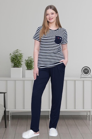 Mecit 6202 Bayan Lacivert Çizgili Büyük Beden Pijama Takımı Lacivert