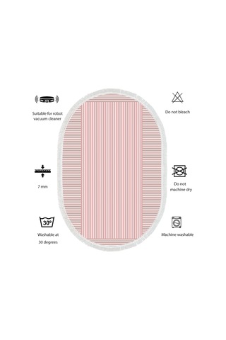 Dijital Kaymaz Yıkanabilir Banyo Mutfak Salon Paspas Halısı Trend Saçaklı Oval Al4023 Pembe