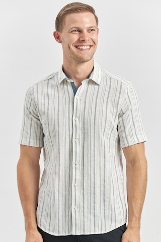 İmza Koyu Lacivert Kısa Kollu Çizgili Armürlü Garnili Pamuklu Casual Slim Fit Dar Kesim Gömlek 1004240244 Koyu Lacivert