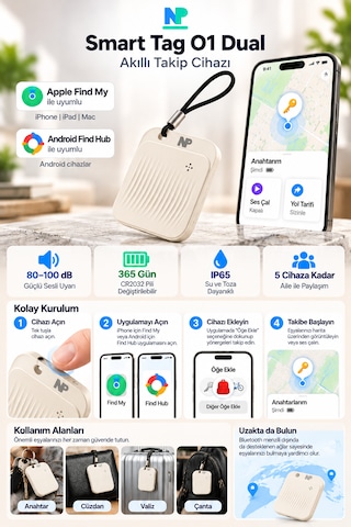 Protap Smart Tag O1 Dual Akıllı Takip Cihazı Apple Bul Ve Android Find Hub Uyumlu 365 Gün Pil Ömrü 1 Adet