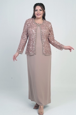 Kadın Pul İşlemeli Boncuk Detaylı Tül Ceket Yarım Ay Kollu Uzun Elbise Astarlı Krep Büyük Beden 2'li Takım Bej