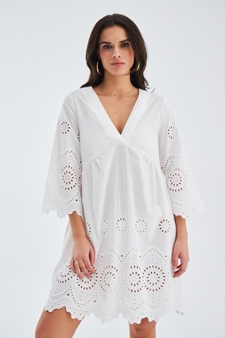 Peraluna Hiromi Dress %100 Pamuk 3/4 Kol Diz Hizası Yazlık Kadın Beyaz