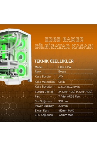 Gameagle EDGELPW Edge 7 Argb Fanlı Gamer Bilgisayar Kasası Beyaz