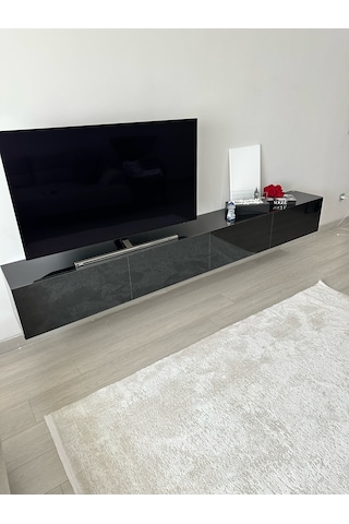Mac Dizayn Milas Highgloss Parlak Siyah 240 Cm Modern Mdf Tv Ünitesi Şık Ve Geniş Tv Sehpası Parlak Siyah