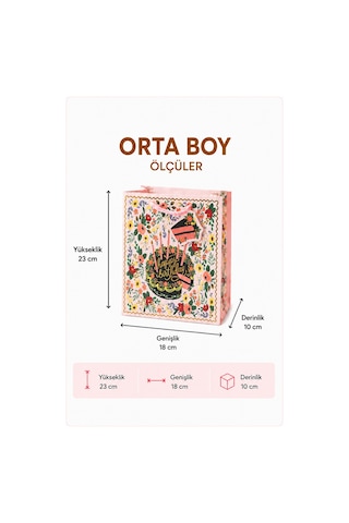 5 Adet 23 X 18 X 10 Cm - Doğum Günü Pastalı Çiçek Desenli Orta Boy Karton Hediye Çantası 3+