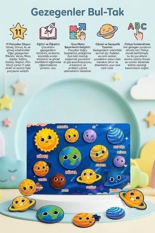 11 Parça Ahşap Bul-tak Gezegenler Eğitici Ve Eğlenceli Uzay Temalı Oyuncak Puzzle