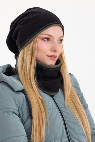 Butikgiz Kadın Dış Kısım Polar, İç Kısım Kaşkorse Pamuklu, Çift Renk, Çift Kat, Katlanabilir Bere Boyunluk Set Siyah-haki