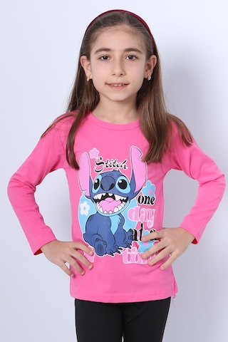 Hçm Kız Çocuk Uzun Kollu Tshirt 4 Mevsim Bisiklet Yaka Karakter Baskılı C34 Pembe