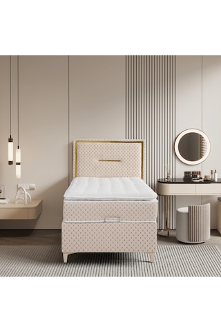 Lina Krem Tek Kişilik Sandıklı Baza + Ortopedik Pedli Yatak + Klapalı Başlık 3 Lü Set 90 x 190 CM