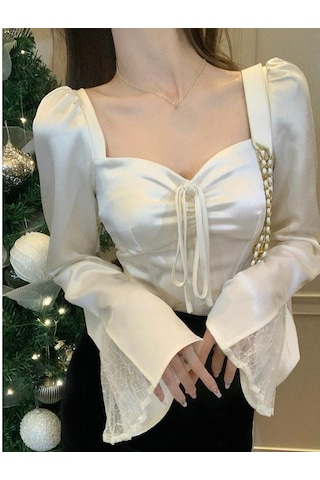 2023 Bahar Uzun Kollu Elbise Zarif Saten Bluz Kadın Ince Kare Boyun Y2k Giyim Kore Moda Rahat Gömlek Ofis Kadın Üstleri Bej