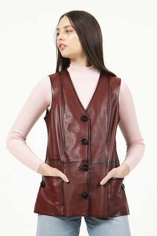 Dericlub Yb-2017 Gerçek Deri Kadın Yelek Bordo