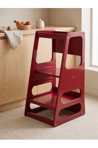 Kaidan Crimson Red Renk Çocuk Öğrenme Kulesi-etkinlik Kulesi Ayarlanabilir Basamaklı Doğal Mdf